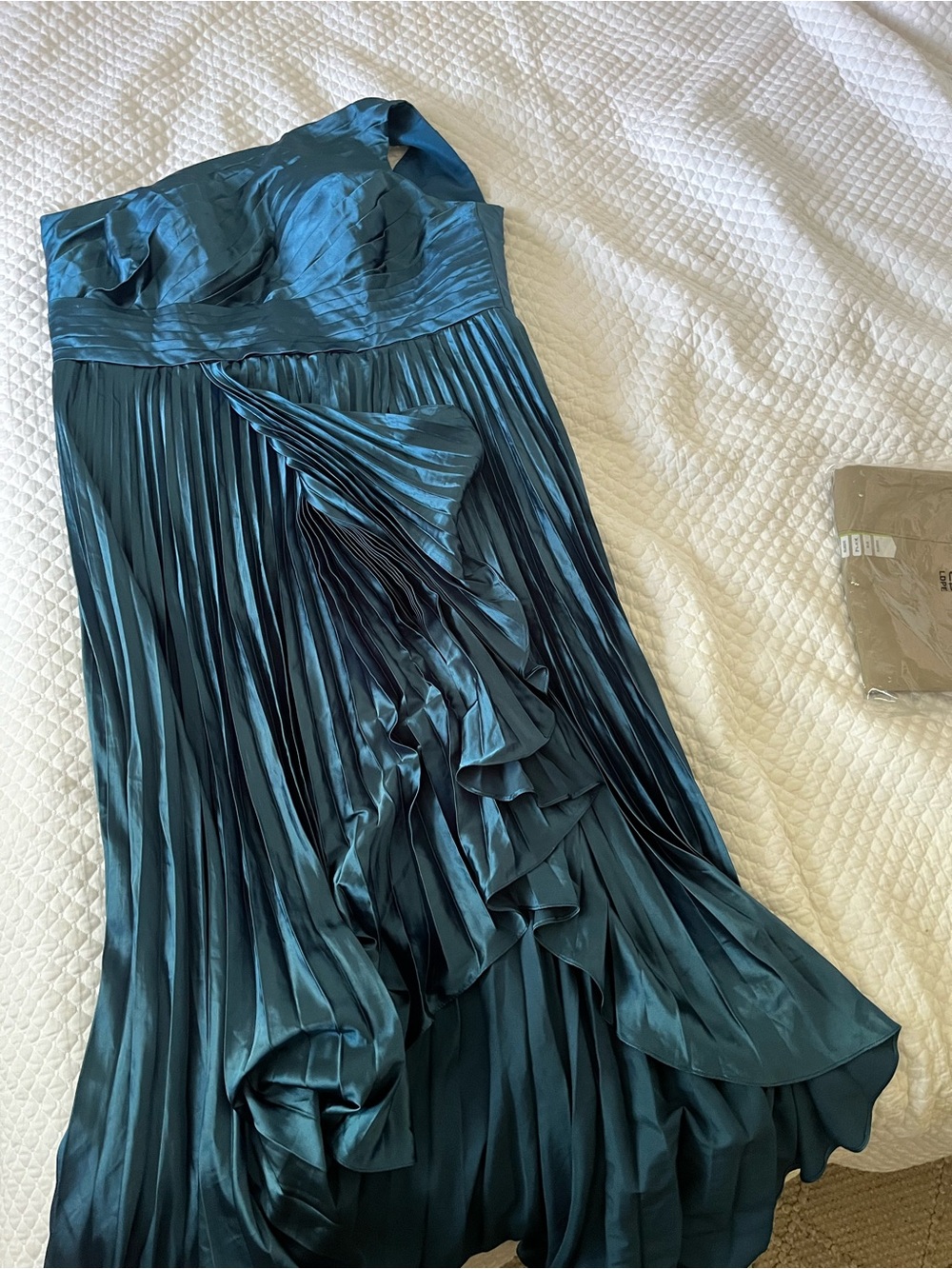 One-Shoulder Teal Pleated Evening Dress
